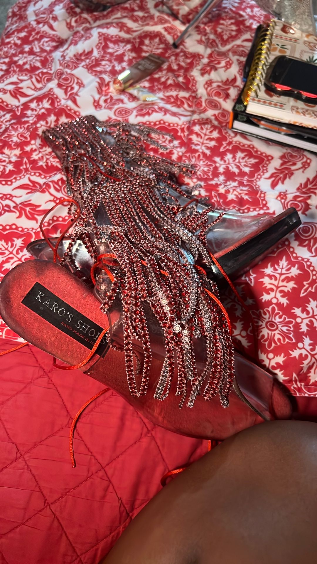 Karo’s Shoes 7” Clear Platform Heels w/ Red Rhinestone Fringe – Used, Still Stunning ❤️