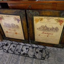 Tuscan bronze metal framed art set and wine bottle rack