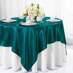 Teal / Peacock Square Satin Tablecloth Overlay 85”x85