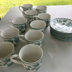 Vintage English Tea Set with an Ivy Theme - 10 Cups and 10 Saucers