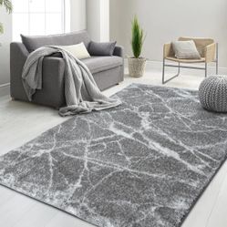 Ultra-Soft Cobalt Gold, Beige and White Shaggy Rug with Marble Marble Pattern