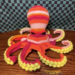Crocheted Octopus Stuffed Animal Plushie Gift toy bright multicolored yellow orange pink white 