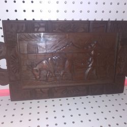 Vintage Ornate Mexico Hand Carved Wood Serving Tray Glass Top Platter