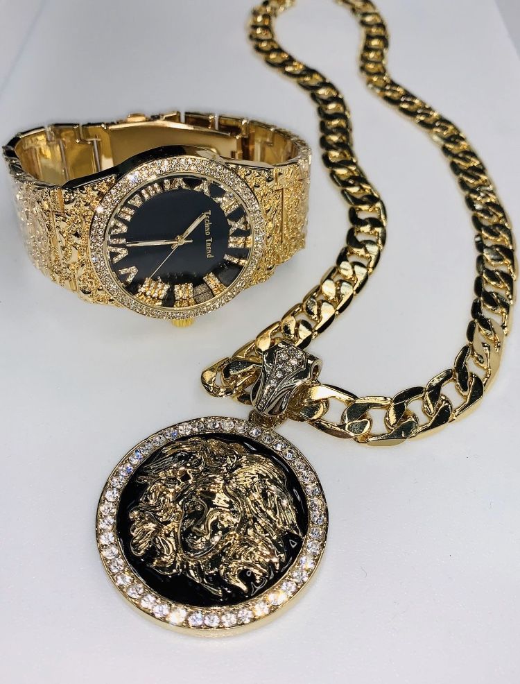 New 14k Stainless Steel Jewelry Set includes Versace-Medusa Pendant-Cuban Chain-Watch $100