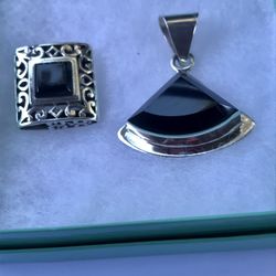 Two Black Onyx Sterling Silver Pendants, High Brilliant Polish, Stamped Sterling 