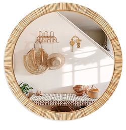 New!✨ 24 in handwoven boho farmhouse rattan wall mirror