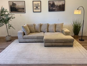 Beige corduroy sectional couch delivery available