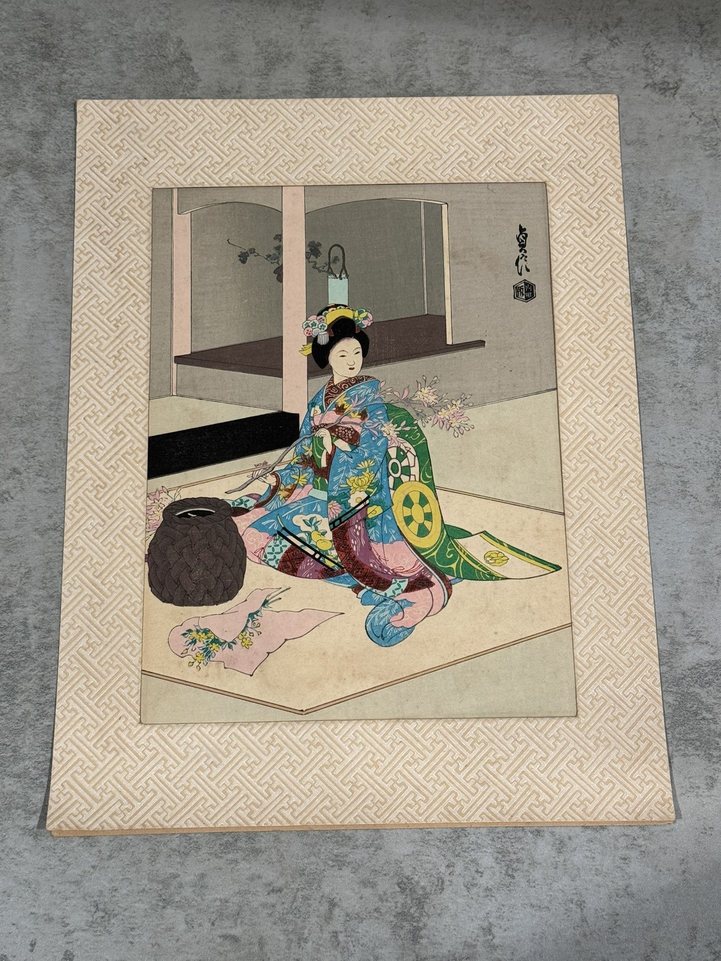 Japanese Woodblock MCM Print by Sadanobu Hasegawa III "Maiko Arranging Flowers”