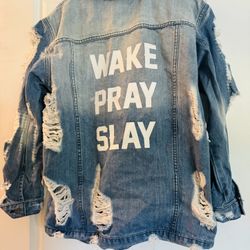 “Wake Pray Slay” Jean Jacket – Lightly Worn & Super Cute
