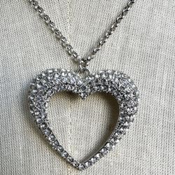 Silver Tone Heart Rhinestone Pendant Necklace 
