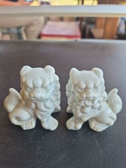 Pair of White Ceramic Foo Dog Figurines