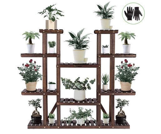 48*10*4”9 Tier Wooden Plant Stand Carbonized 17 Potted Flower Shelf Display Rack