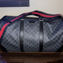 Gucci Duffle Bag Blue Black Leather Handle Red Blue Carry Strap Authentic