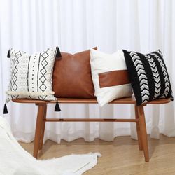 Boho Throw Pillow Covers 18 x 18 Set of 4 - Modern Stripe Geometric Farmhouse Decorative Pillow Cover Sets for Pillows - Couch Sofa Bed ,Faux Leather 