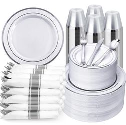 BESTVIP 700 Piece Silver Plastic Dinnerware Set for 100 Guests Disposable Dinnerware Includes: 200 Plastic Plates, 100 Pre Rolled Napkins with Silver