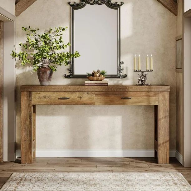 63" Console Table: Rustic Brown, Farmhouse Entryway Table with 2 Drawers & Sturdy H-Shaped Legs for Hallway/Living Room/Bedroom