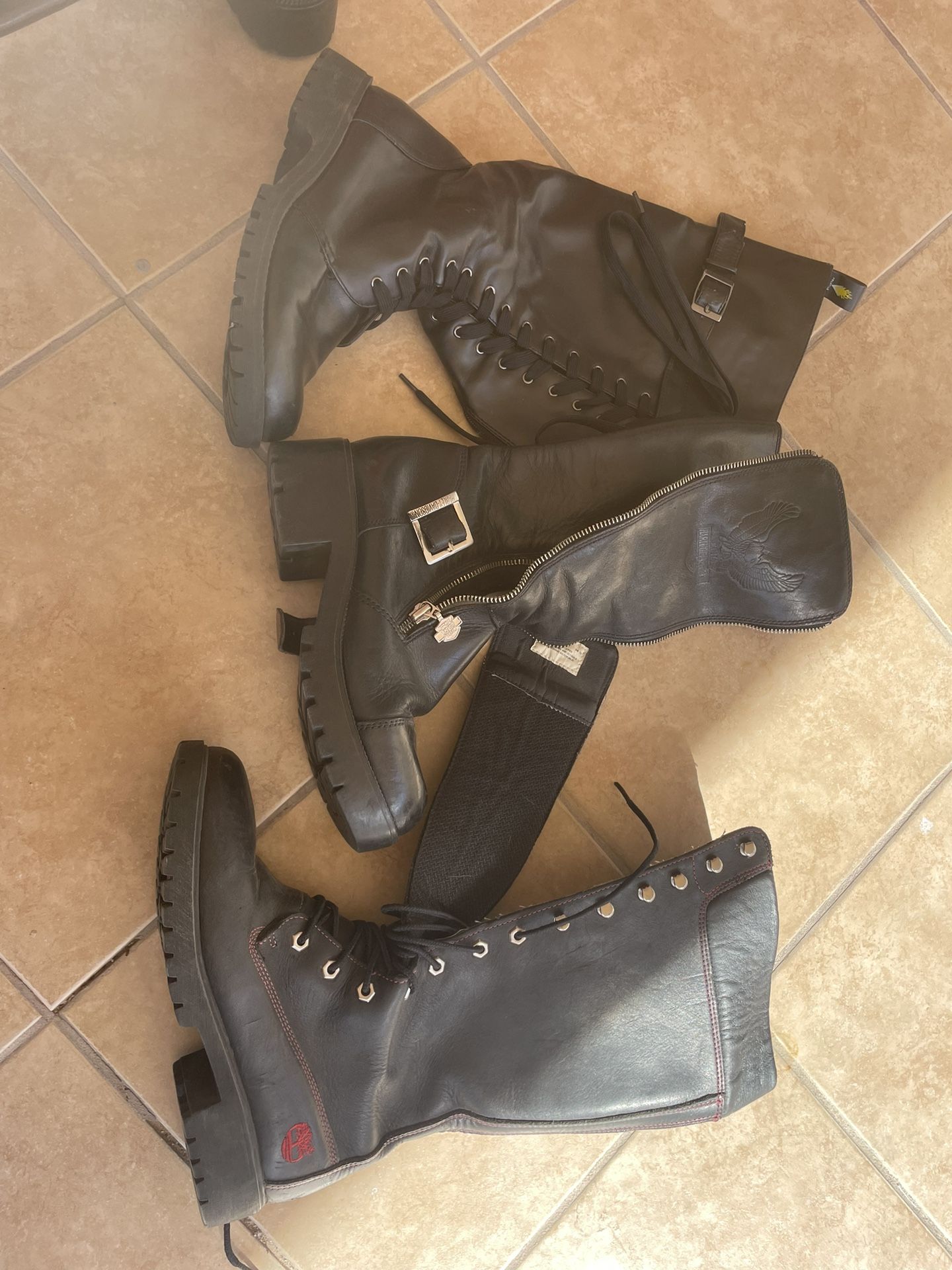 3 Pairs Of Leather Boots- Harley Davidson, Volatile, Timberlands