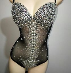 Bodysuit Bodycon Pearl Women Sparkly Shiny Size M Mesh See Through Costume Jumpsuit Performance Rhinestones Sexy