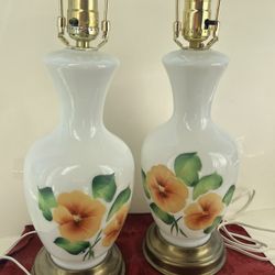 VINTAGE SET OF WHITE MILK GLASS LAMPS WITH YELLOW FLOWERS NO SHADES