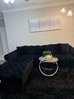 Black Velvet L-Shape Sofa – Button Design | Like New!
