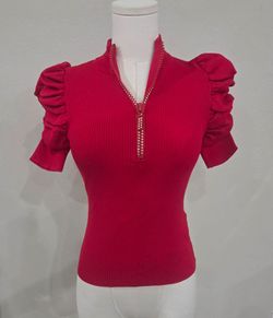 BALBOA Ribbed Knit half-zip top with ruched puff sleeves and rhinestone zipper accents Womens SIZE S
