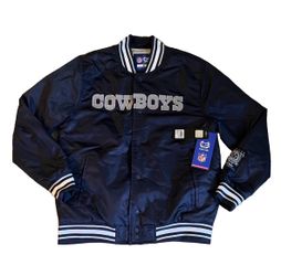 New! Men's Dallas Cowboys NFL Team Apparel Satin Full Snap Varsity Navy Jacket (2 Available: Medium & Large)