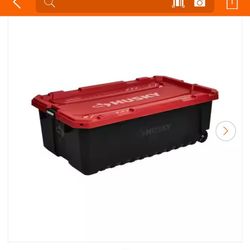 57 Gal. Pro Grip Storage Tote with Wheels in Black with Red Lid