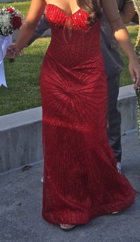 Red Beaded Corset Prom Dress