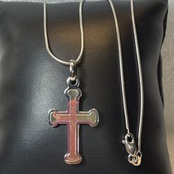 18KT YG & SS Milor Italy Cross Pendant & 14KT White Gold Snake Chain Necklace 18” Long