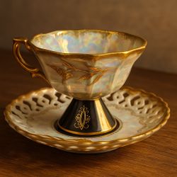 Royal Sealy Japan Vintage 1950’s Black White Gold Cup Reticulated Saucer Holly