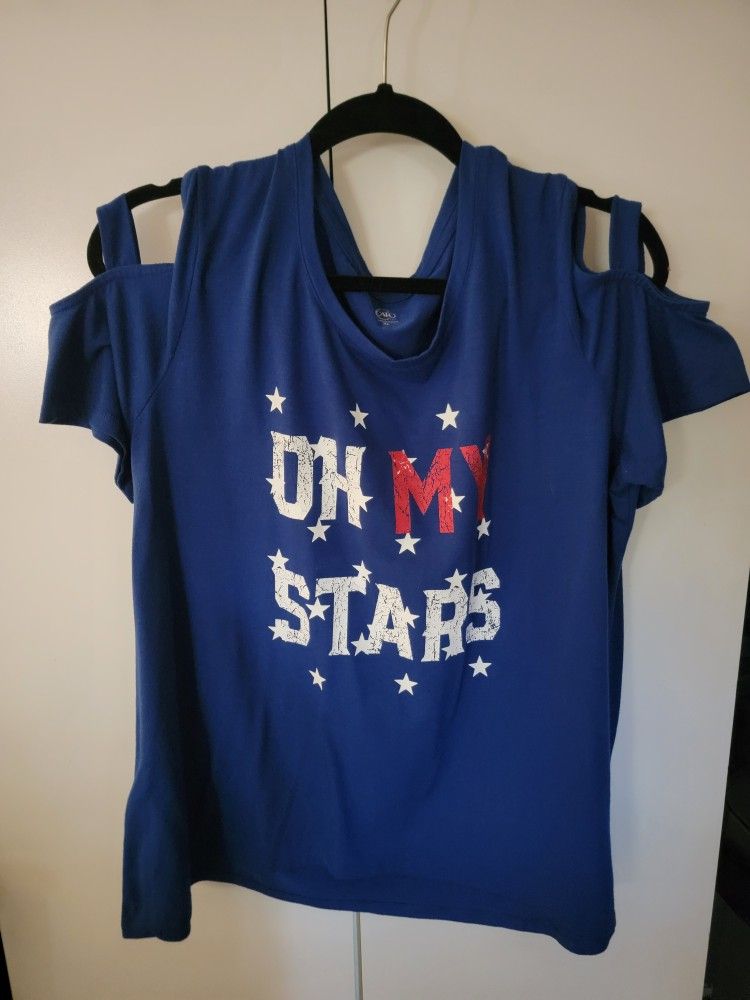 Blue "Oh My Stars" patriotic t-shirt with a cold-shoulder design. Size XL