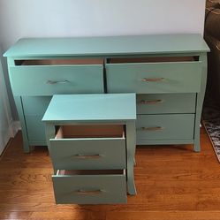 Beautiful refinished dresser and one matching night stand in teal color 