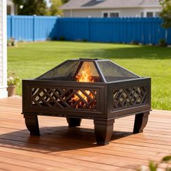 Update Version 26 Inch Wood Burning Fire Pit with Cooking Grill and Spark Screen, Outdoor Metal Firepit for Patio, Backyard, Bonfire Party, Camping an