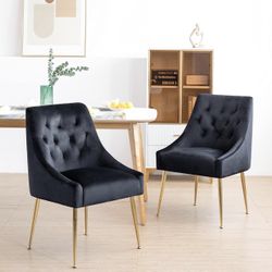 Dining Chairs Set of 2, Mid Century Dining Chairs with 5.12” Cushions and Golden Legs, Velvet Upholstered Chairs with Back Pull Rod, for Kitchen, Livi