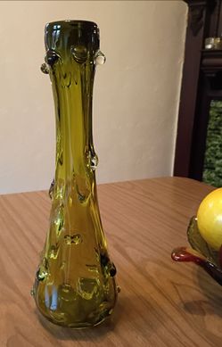 Mid Century Modern Large Green Art Glass Handblown Glob Vase