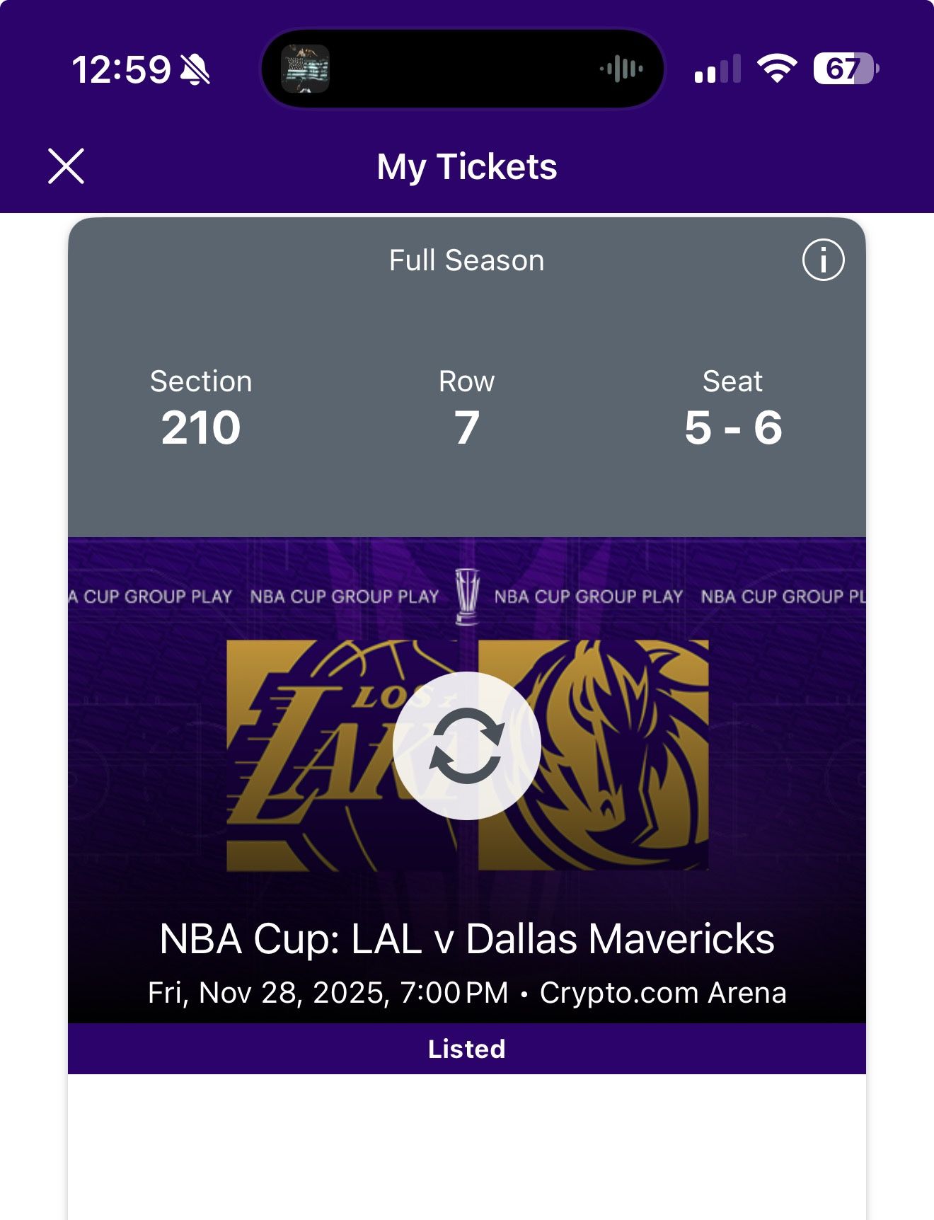 Lakers vs Mavs 2 tickets nov 28th sec 210 row 7 