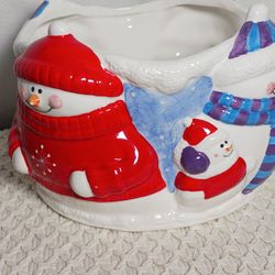 Houston Harvest Ceramic Winter Snowmen Large Candle holder Bowl RARE Nice 5 X 9