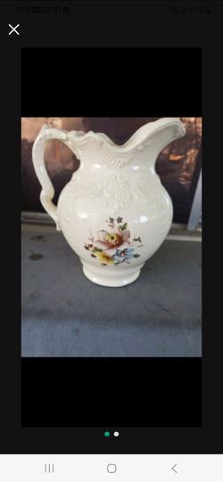 Vintage White Ceramic Pitcher with Floral Design