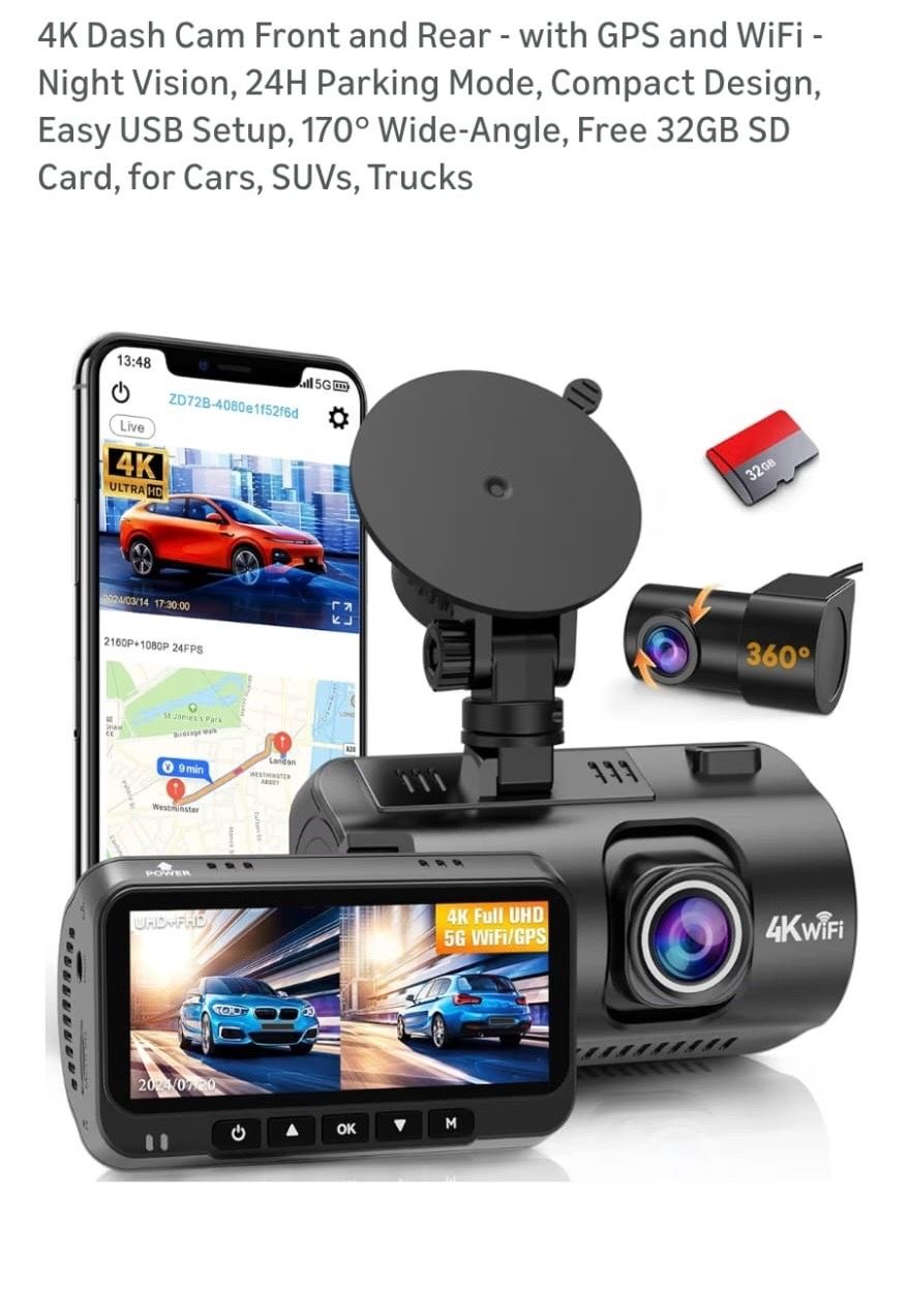 4K Dash Cam Front and Rear - with GPS and WiFi - Night Vision, 24H Parking Mode, Compact Design, Easy USB Setup, 170° Wide-Angle, Free 32GB SD Card, f