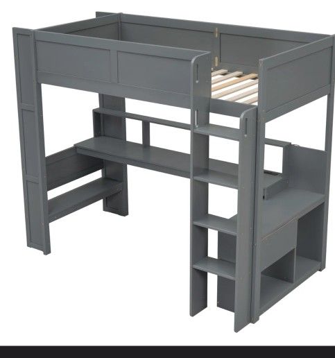 New in box Wood Gaming Loft Bed with Desk, Multi-storage Shelves LED and Charging Station, Dark Gray
