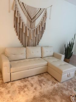 Cream Faux Leather Sectional Sofa with Storage Chaise