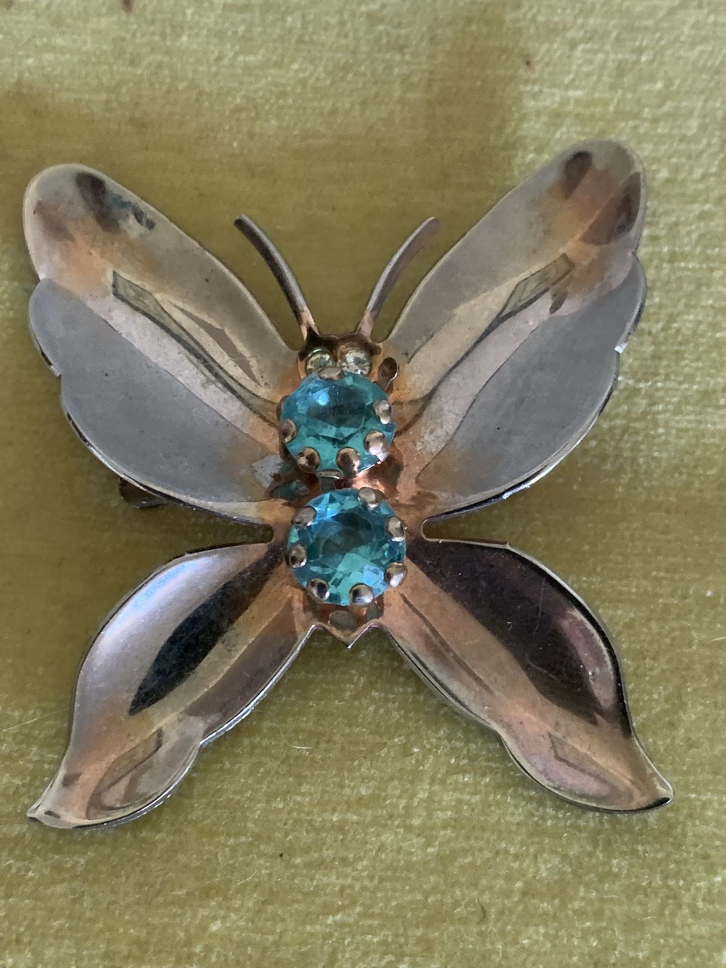 Vintage Silver Copper ToneBlue Butterfly With Rhinestones