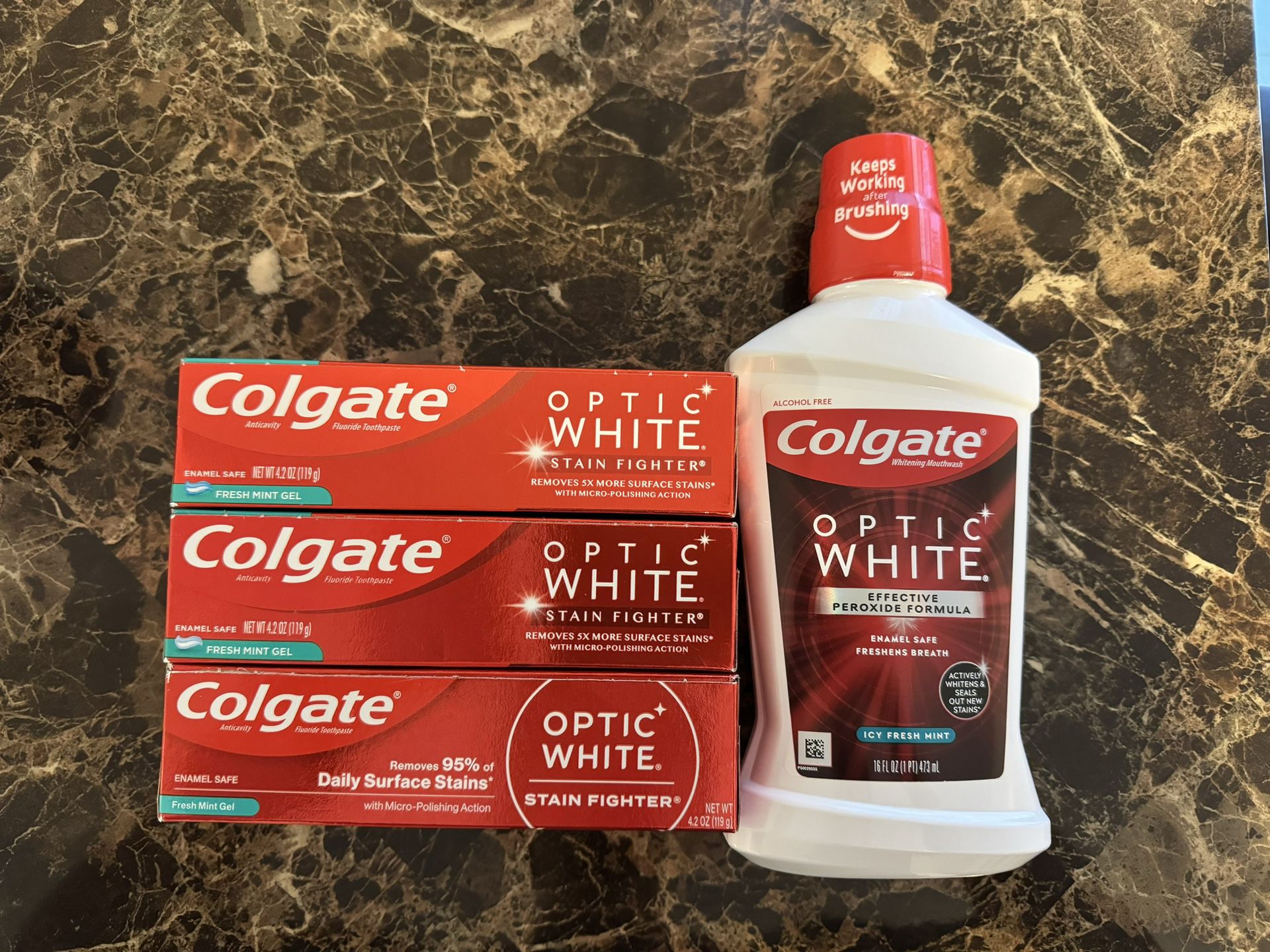 Colgate Optic White Fresh Mint Gel Toothpaste, 4.2 oz x 3, Whitening Mouthwash, 16 oz  