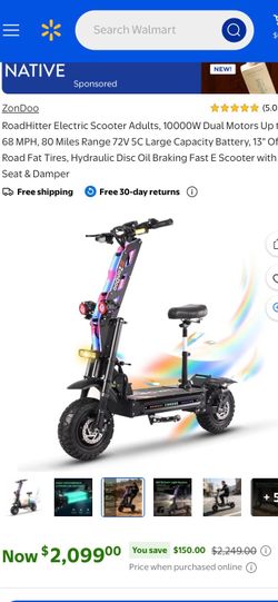 RoadHitter Electric Scooter Adults, 10000W Dual Motors Up to 68 MPH, 80 Miles Range 72V 5C Large Capacity Battery, 13" Off Road Fat Tires, Hydraulic D