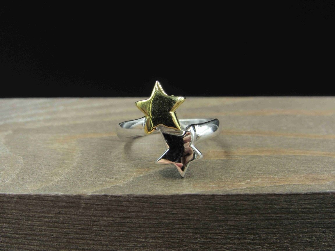 Size 7.5 Sterling Silver Two Tone Stars Band Ring Vintage Statement Engagement Wedding Promise Anniversary Bridal Cocktail Friendship