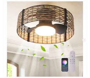 Genoci 20 in. Bamboo Rattan Boho Caged Ceiling Fan with RGB Dimmable Integrated LED - New