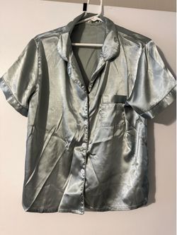Mint Green Blue Satin Button-up Pajama Set Shorts Shortsleeve Women Large