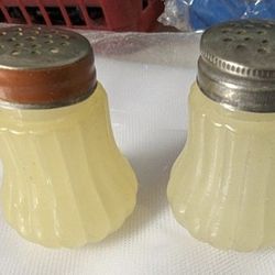 Antique Yellow Satin Glass Personal Size Miniature Salt Pepper Shakers