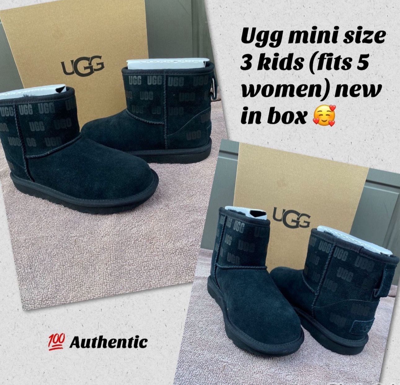 Classic Mini ugg black logo boots Size 3 big kids New in box $88 (retail price $160 plus tax)π
π»ββοΈ firm no lowballers Pick up only