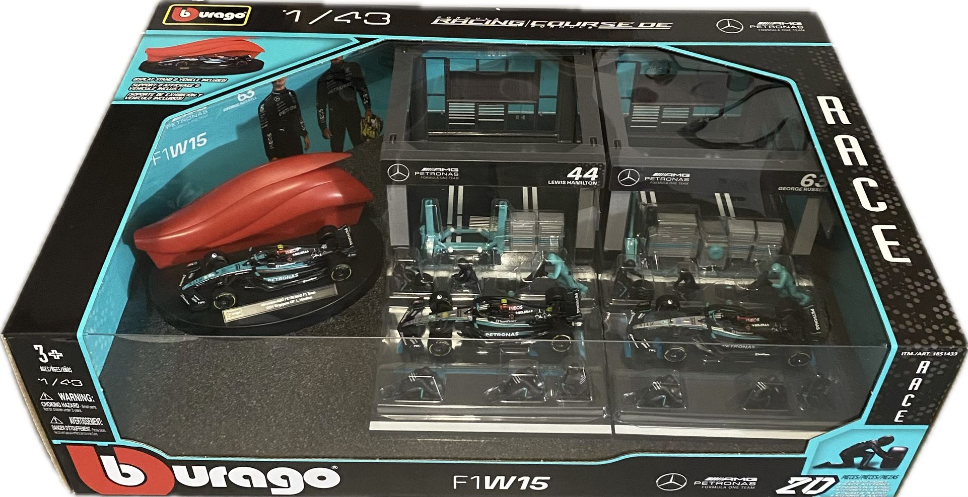 Bburago 1:43 Deluxe Paddock Set Mercedes AMG 3x F1 Cars Pit Crew NEW 20pc Set